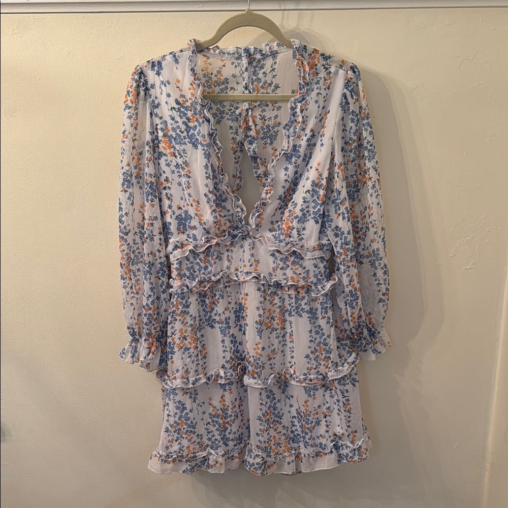 Floral Ruffle Dress in Blue and Orange